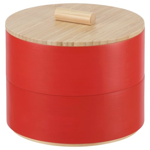 Boîte à goûter en bambou rouge FÖSSTA avec couvercle, à 2 niveaux, ronde, design chinois traditionnel.