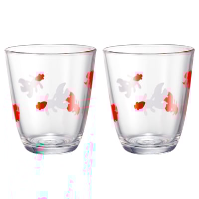 Paire de tasses en verre trempé transparent avec motif de poisson rouge et gris.