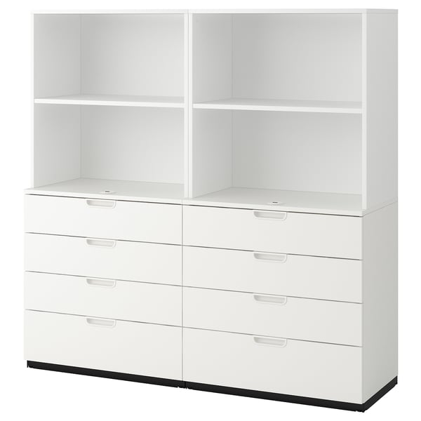 Un meuble de bureau GALANT blanc avec six tiroirs et des étagères de rangement ouvertes sur le dessus.