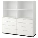 Un meuble de bureau GALANT blanc avec six tiroirs et des étagères de rangement ouvertes sur le dessus.