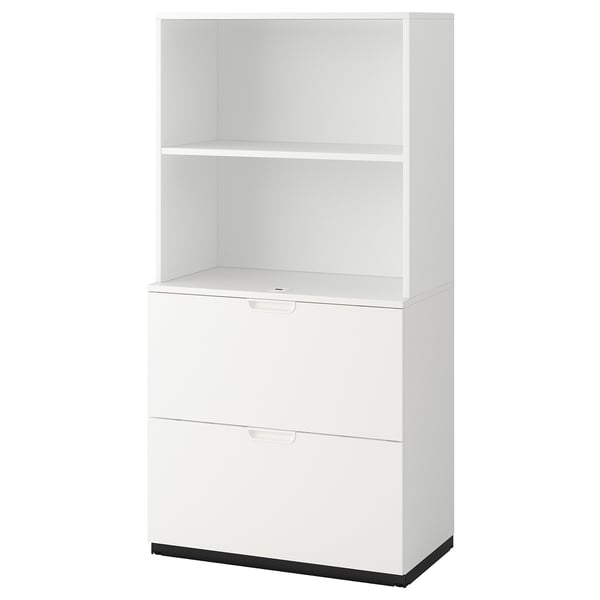 Meuble de bureau blanc GALANT, étagères et tiroirs rectangulaires, mi-ouverts, mi-fermés.