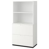Meuble de bureau blanc GALANT, étagères et tiroirs rectangulaires, mi-ouverts, mi-fermés.
