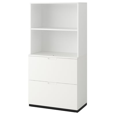 Meuble de bureau blanc GALANT, étagères et tiroirs rectangulaires, mi-ouverts, mi-fermés.