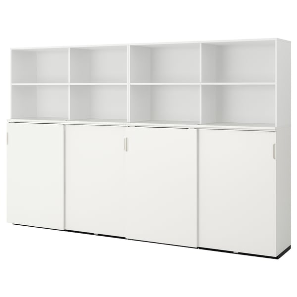 Mobilier de bureau GALANT blanc avec étagères ouvertes et armoires fermées. Design moderne, rectangulaire et épuré.