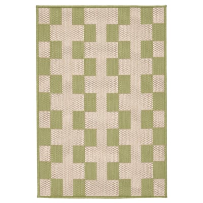 Tapis GÅNGSTIG, à carreaux vert clair et blanc, de forme carrée, à tissage plat.