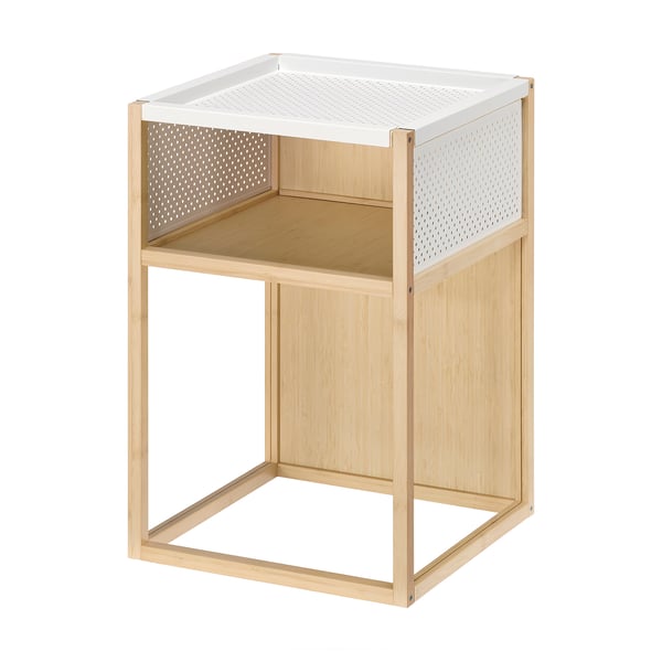 Table d’appoint GILLERSBERG, blanc, bambou et acier, carrée, design minimaliste.