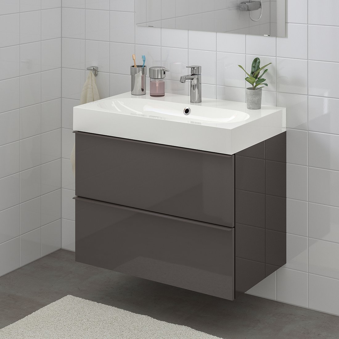/ BRÅVIKEN Meuble lavabo 2tir, brillant gris, mitigeur lavabo