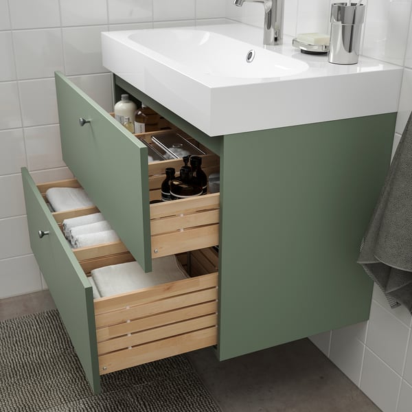Godmorgon Meuble Lavabo 2tir Gillburen Gris Vert 80x47x58 Cm Ikea