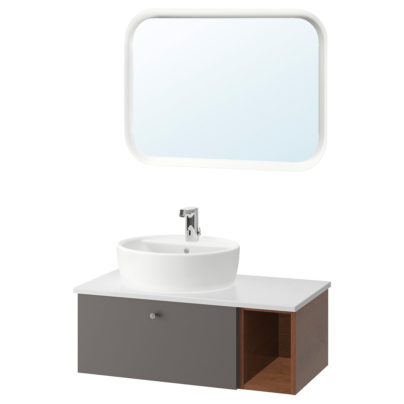 Godmorgon Tolken Tornviken Mobilier Salle De Bain 6 Pieces Gillburen Motif Frene Effet Brun Gris Fonce Marbre Mitigeur Lavabo Brogrund 82x49x45 Cm Ikea