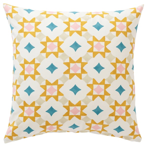 Housse de coussin GOKVÄLLÅ, étoiles mosaïque jaunes, roses et bleues, carré, fermeture éclair au dos, coton.
