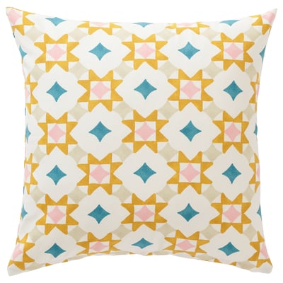 Housse de coussin GOKVÄLLÅ, étoiles mosaïque jaunes, roses et bleues, carré, fermeture éclair au dos, coton.