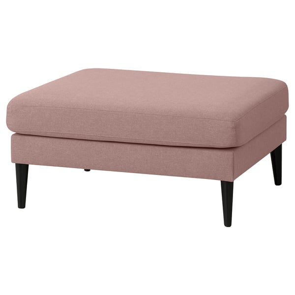 Pouf en tissu rose GRILLSTORP, rectangulaire, doux, invitant, avec pieds fuselés noirs.