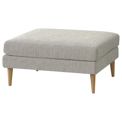 Ottoman carré en tissu gris avec pieds en bois.