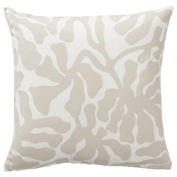 Coussin carré avec motif de feuilles abstraites beige-blanc, fabriqué à partir de polyester recyclé.