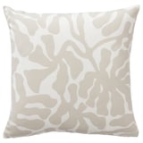 Coussin carré avec motif de feuilles abstraites beige-blanc, fabriqué à partir de polyester recyclé.