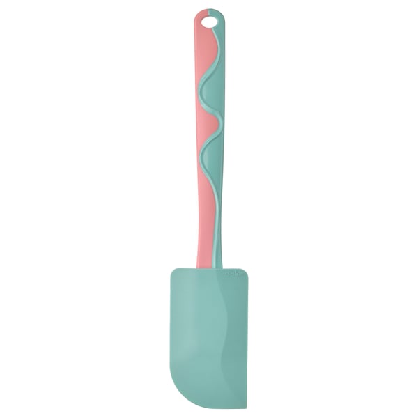 Spatule GUBBRÖRA, menthe et rose, lame en silicone, poignée en ABS, incurvée, se suspend pour un accès facile.
