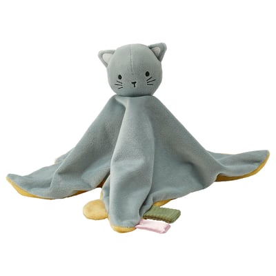GULDVÄVARE : couverture et jouet de confort gris en forme de chat. Matériaux recyclés. Câlin, doux pour la peau de bébé. Parfait pour jouer et se reposer.
