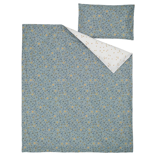 Parure de lit pour bébé GULDVÄVARE, bleu avec fleurs jaunes, 3 pièces : housse de couette, taie d’oreiller et fermeture éclair. 100 % coton biologique, lavable en machine.