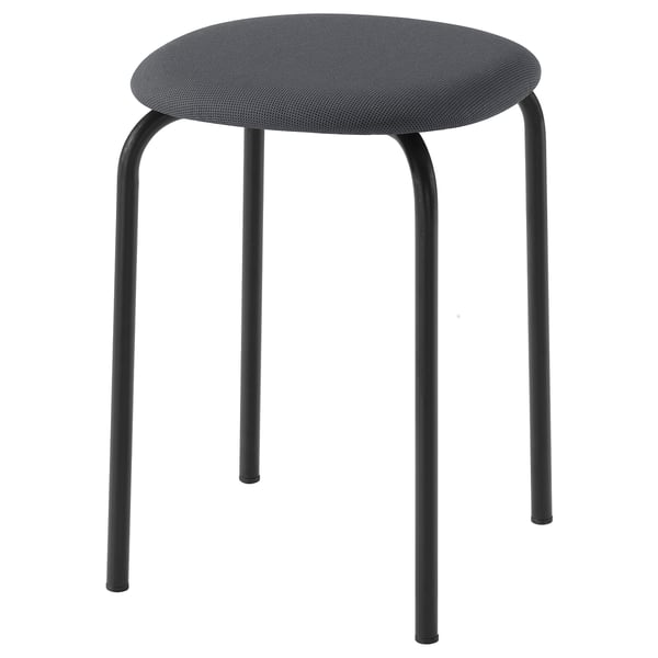 Tabouret gris GULTARP, circulaire et rembourré, 4 pieds en acier avec revêtement en poudre, complément parfait pour une assise supplémentaire.