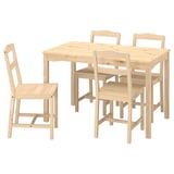 Ensemble de salle à manger en bois clair avec table carrée et quatre chaises simples, parfait pour les petits espaces.