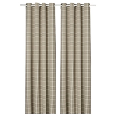 Rideaux en tartan beige avec œillets, fabriqués à partir de polyester recyclé.