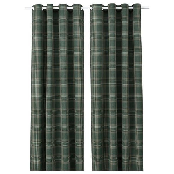 Rideaux assombrissants en tartan vert foncé avec œillets, fabriqués à partir de polyester recyclé.