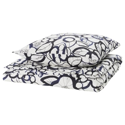 HÄRLIR Housse de couette et 1 taie, blanc noir/bleu motif floral, 150x200/65x65 cm