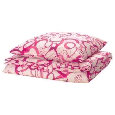 Ensemble de literie florale rose vif et blanc avec un design abstrait. Fabriqué en coton recyclé et en lyocell. Lisse, rectangulaire et doux.