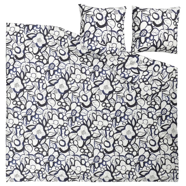 HÄRLIR Housse de couette et 2 taies, blanc noir/bleu motif floral, 240x220/65x65 cm