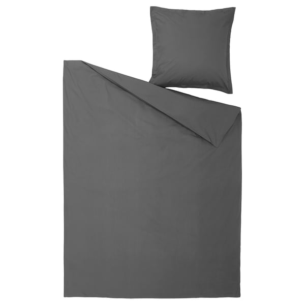 Parure de lit HAMPFLOCKEL gris foncé avec couette et oreiller, couleur unie, tissu en coton avec tissage percale impeccable.