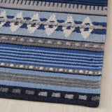 Un tapis vibrant tissé à la main avec des motifs géométriques complexes, mettant en valeur un mélange de laine lisse et texturée dans des tons de bleu et de gris.