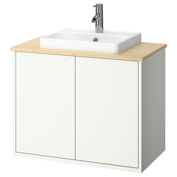 Armoire de salle de bain murale blanche HAVBÄCK, comptoir en bambou, lavabo rectangulaire, style minimaliste moderne.