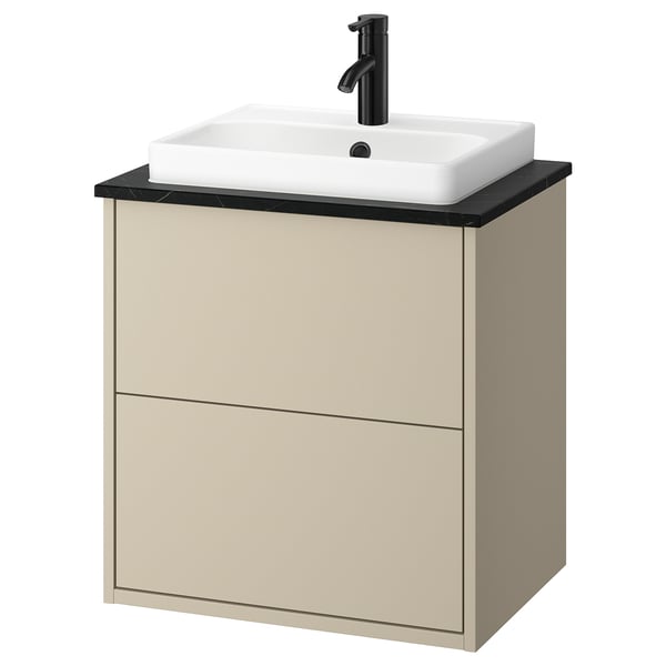 Vanité murale beige HAVBÄCK, lavabo carré, plan de travail noir.