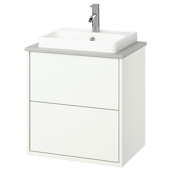 Meuble-lavabo mural blanc HAVBÄCK, design moderne avec un tiroir et lavabo rectangulaire, robinet inclus.