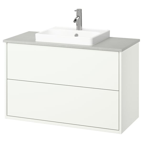 Vanité de salle de bain murale blanche avec deux tiroirs, lavabo carré, robinet chromé.