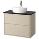 HAVBÄCK : lavabo mural beige avec vasque ronde blanche et deux tiroirs.
