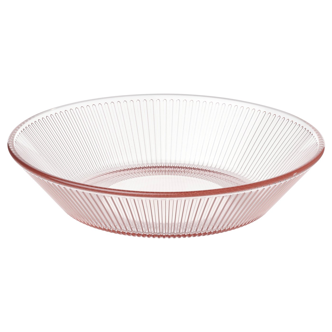 Un bol en verre transparent teinté de rose nommé HAVSGÄDDA aux lignes striées, conçu pour servir des plats ou des desserts.