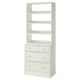 Combo bibliothèque et commode blanche HAVSTA, lignes épurées, solution de rangement, trois tiroirs, quatre étagères ouvertes, bois de pin, tiroirs à fermeture douce.