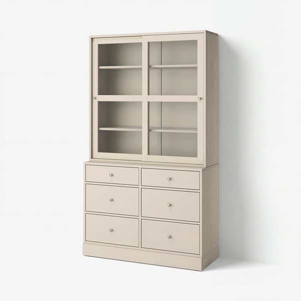 HAVSTA Combinaison rgt portes vitrées, gris-beige, 121x47x212 cm