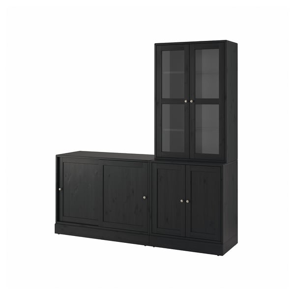Ensemble d’armoires en bois noir HAVSTA : buffet et porte vitrée ; pin massif rustique ; et cache des objets ; Finition brossée.