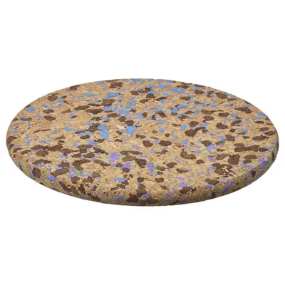 Un dessous de plat rond en liège HEAT à pois bleus.