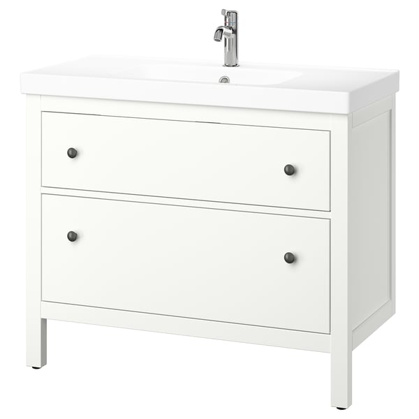 Vanité de salle de bain HEMNES blanche, 2 tiroirs, robinet chromé.