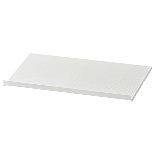Une étagère en métal HJÄLPA blanc pour organiser l’espace. Son rectangulaire, avec une surface en maille et des bords robustes.
