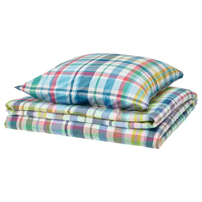 Literie à carreaux colorés en bleu, rose, jaune et vert. Coton et viscose recyclés.