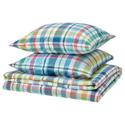 Parure de lit à carreaux colorés avec bleu, rose, jaune, vert. Coton doux et viscose recyclée. Comprend une couette pliée et 2 oreillers.
