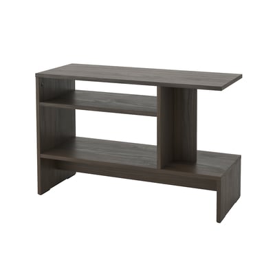 Table d’appoint HOLMERUD, marron foncé, en panneaux de particules, design angulaire, étagères de rangement ouvertes.