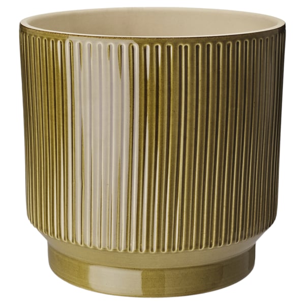 Jardinière en céramique nervurée jaune verdâtre, forme cylindrique avec motif texturé.