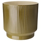 Jardinière en céramique nervurée jaune verdâtre, forme cylindrique avec motif texturé.