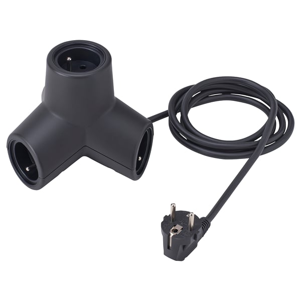 Rallonge 4 voies HORNFELS noire, en forme de t, fabriquée à partir de polycarbonate et de silicone recyclés, idéale pour plusieurs appareils.