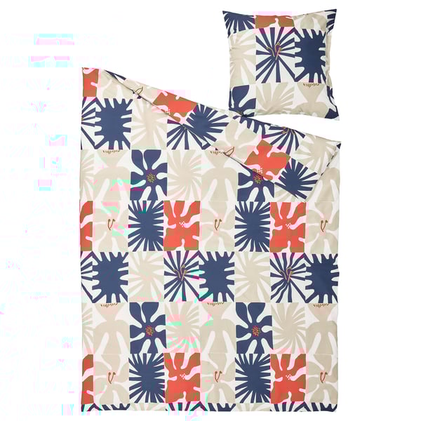 Parure de lit HYLSNEJLIKA vibrante, beige avec imprimé floral bleu et rouge, polyester et viscose recyclés, infroissable.